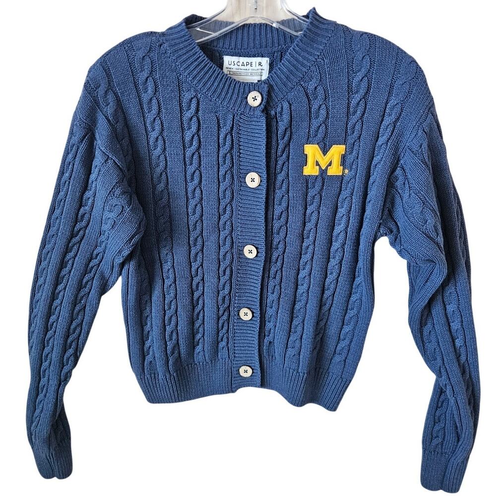 Michigan Wolverine Cable Knit Retro Blue Granite Cardigan Button Uscape Renew